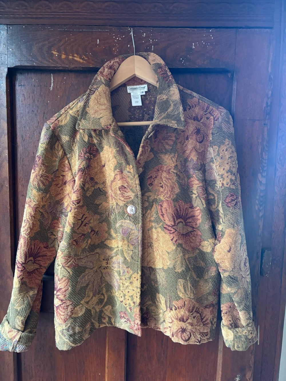 Coldwater Creek Floral Tapestry Jacket in Olive, Mustard & Rose